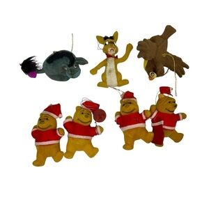 Vintage 70s Walt Disney 7 Winnie the Pooh flocked ornaments Eeyore Owl Set Lot